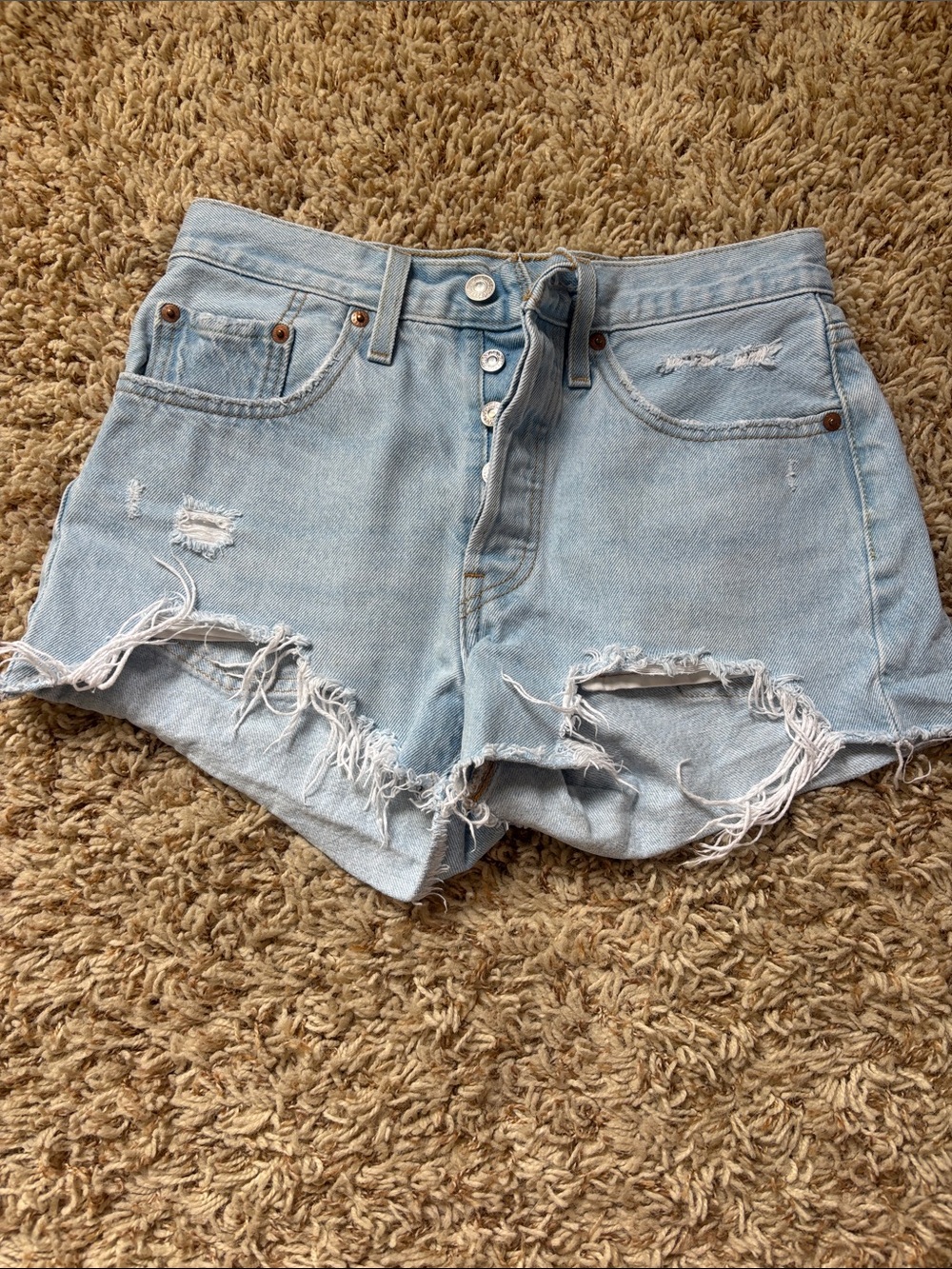 Levi's Light Blue Distressed High-Rise Denim Shorts